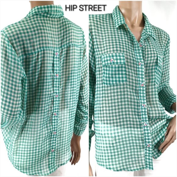 AMERICAN RAG Shirt Blouse M Green Chiffon Gingham Roll Tab Sleeves LS - Picture 1 of 6